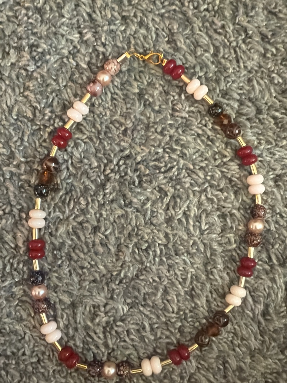 Women's Red and Cream Beaded Necklace with Gold Accents
